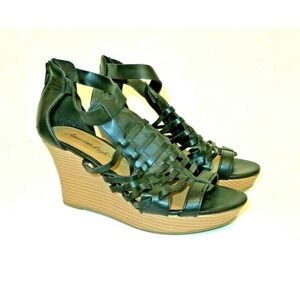 American Eagle Women's Wedge Heel Black Strap Shoes Open Toe - Size 8.5